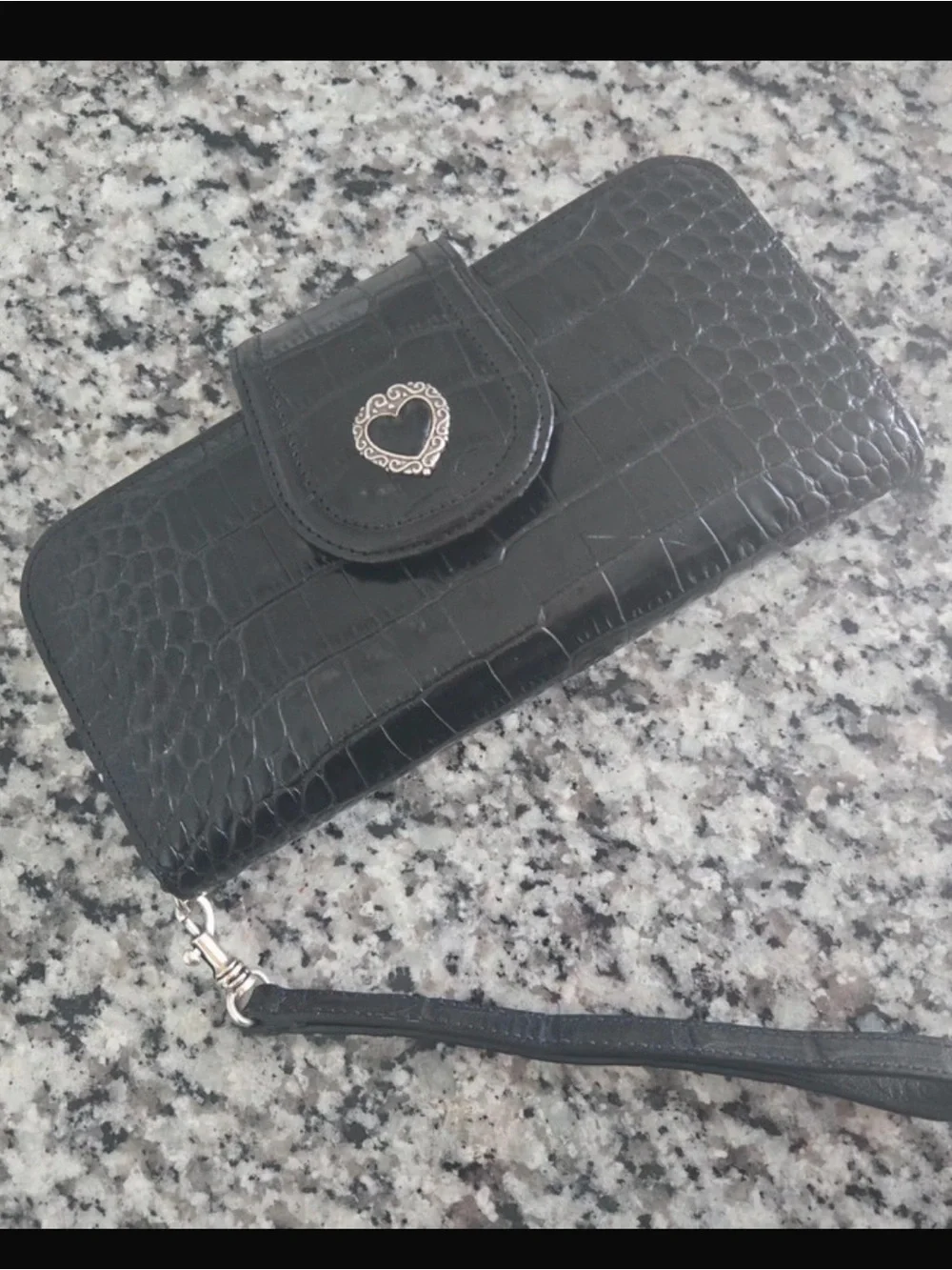 Brighton Black Croc-Embossed Wristlet Wallet with Heart Accent